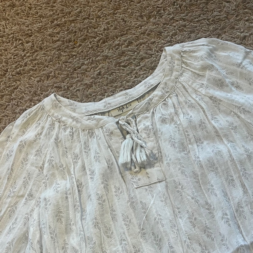 Style & Co Womens PL Petite Large White Grey Floral Tassel Peasant Blouse Top